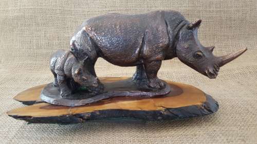 Rhino and Calf, cold cast resin statue