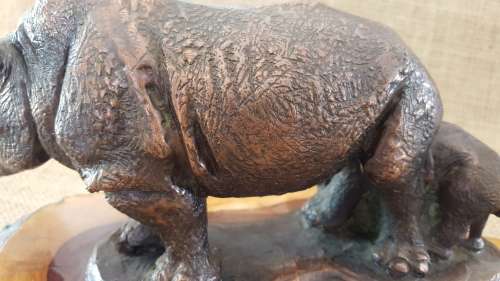 Rhino and Calf, cold cast resin statue