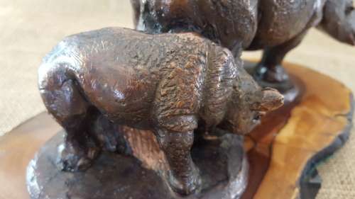 Rhino and Calf, cold cast resin statue