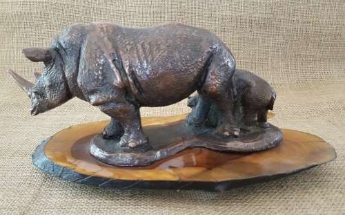 Rhino and Calf, cold cast resin statue