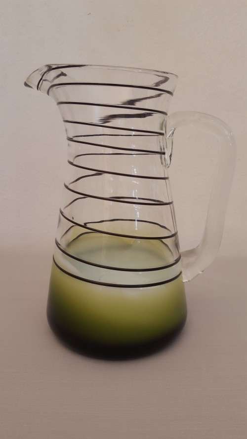 Striking Vintage Studio Glass Jug / Pitcher with Spiral Trailing and  Green & White Cased Base