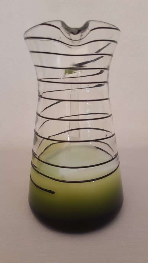 Striking Vintage Studio Glass Jug / Pitcher with Spiral Trailing and  Green & White Cased Base