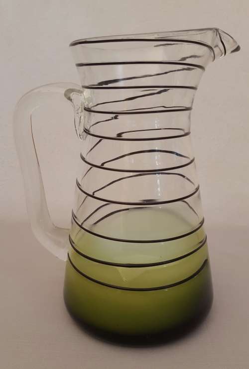 Striking Vintage Studio Glass Jug / Pitcher with Spiral Trailing and  Green & White Cased Base