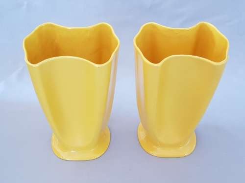 LUCIA WARE - MID CENTURY MODERN MATCHING PAIR OF CANARY YELLOW FREE FORM VASES