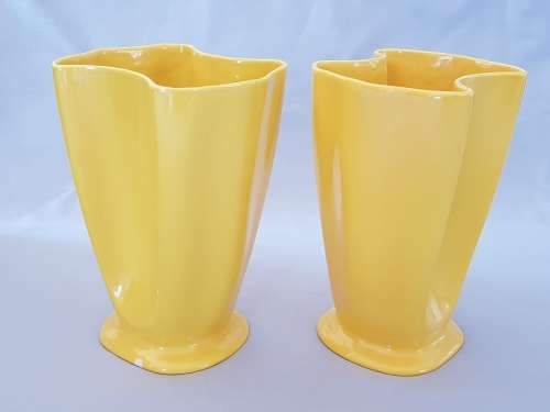 LUCIA WARE - MID CENTURY MODERN MATCHING PAIR OF CANARY YELLOW FREE FORM VASES