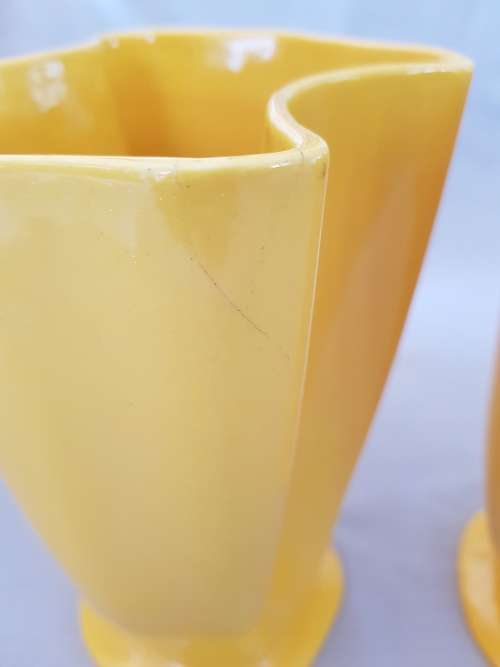 LUCIA WARE - MID CENTURY MODERN MATCHING PAIR OF CANARY YELLOW FREE FORM VASES