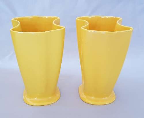 LUCIA WARE - MID CENTURY MODERN MATCHING PAIR OF CANARY YELLOW FREE FORM VASES