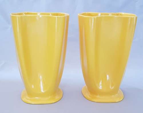 LUCIA WARE - MID CENTURY MODERN MATCHING PAIR OF CANARY YELLOW FREE FORM VASES