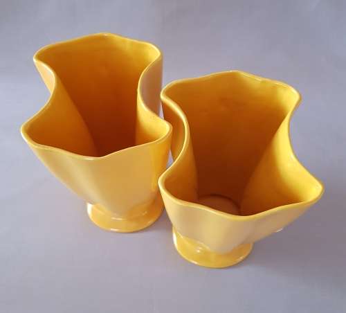 LUCIA WARE - MID CENTURY MODERN MATCHING PAIR OF CANARY YELLOW FREE FORM VASES
