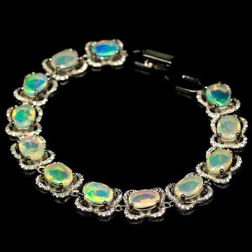 Luxury 14k White  gold Plated 925 Sterling Silver Opal and CZ Bracelet  30.000Cts