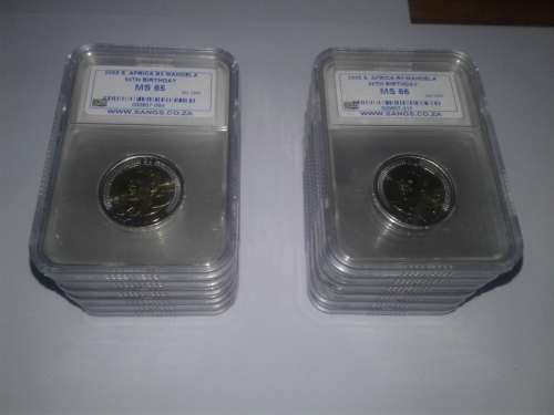 2008 Mandela 90th Birthday R5 Coin SANGS Graded MS 66 & MS 65