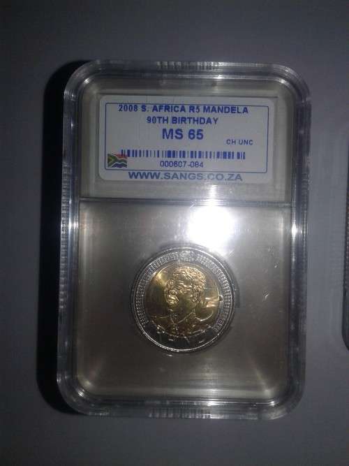 2008 Mandela 90th Birthday R5 Coin SANGS Graded MS 66 & MS 65