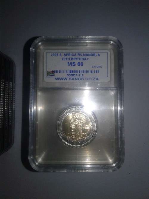 2008 Mandela 90th Birthday R5 Coin SANGS Graded MS 66 & MS 65