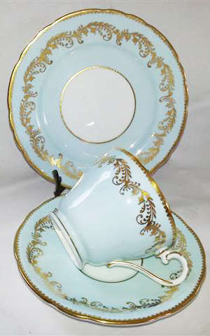 1934 - 1939  AYNSLEY FINE BONE CHINA TRIO, DUCK EGG BLUE WITH PLENTY OF GILDING