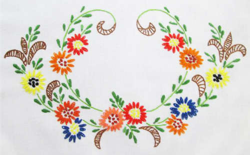 VINTAGE LINEN TRAY CLOTH WITH BRIGHT AND CHEERFUL HAND EMBROIDERED TRAY CLOTH