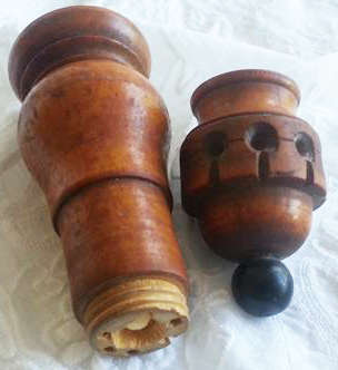 ANTIQUE HAND TURNED, WALNUT WOOD NEEDLE HOLDER, WITH SCREW ON LID