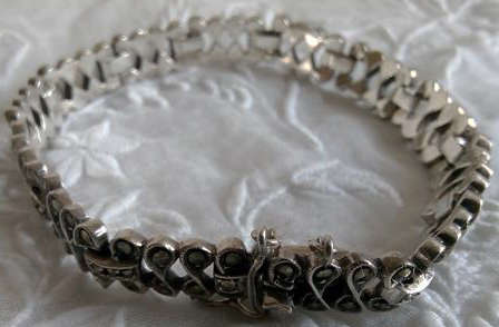 ART DECO,  SILVER MARCASITE, LINK BRACELET, SAFETY CHAIN AND LOCK, EXCELLENT CONDITION