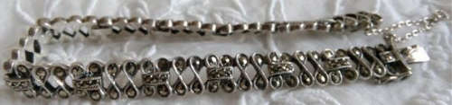 ART DECO,  SILVER MARCASITE, LINK BRACELET, SAFETY CHAIN AND LOCK, EXCELLENT CONDITION