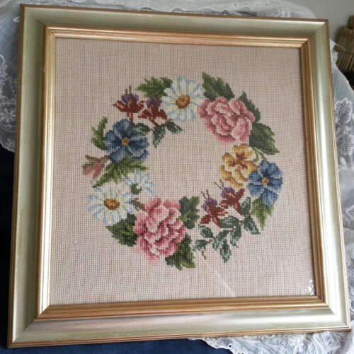 VINTAGE HAND WORKED POSY OF ROSES TAPESTRY, FRAMED BEHIND GLASS, READY TO HANG