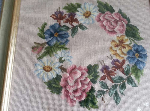 VINTAGE HAND WORKED POSY OF ROSES TAPESTRY, FRAMED BEHIND GLASS, READY TO HANG