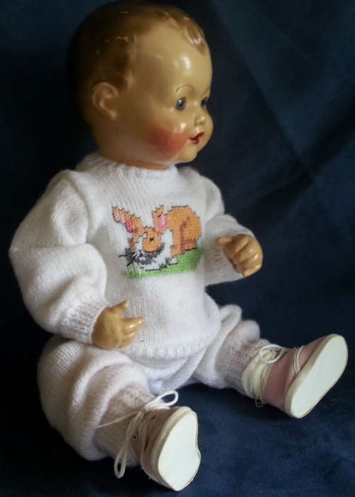 DELIGHTFUL ALL COMPOSITION VINTAGE BABY DOLL WITH SPARKLING BRIGHT BLUE EYES