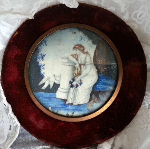 RARE 1800s VICTORIAN  MINIATURE MOURNING ART, HAND PAINTED ONTO IVORY,  FRAMED BEHIND  GLASS,