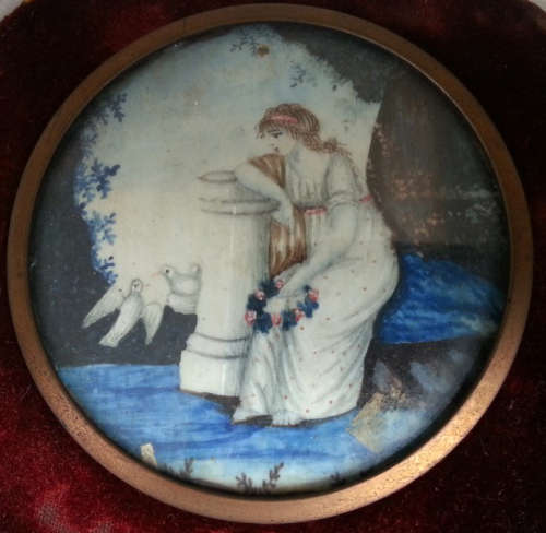RARE 1800s VICTORIAN  MINIATURE MOURNING ART, HAND PAINTED ONTO IVORY,  FRAMED BEHIND  GLASS,