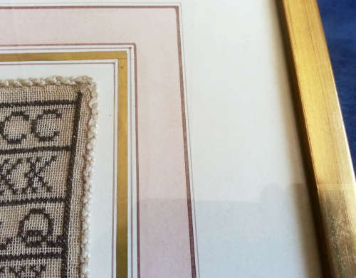 1844 SAMPLER SEWN BY 6 YEAR OLD SARAH CRISTINA MANERO,  BLACK ON WHITE COUNTED CROSS STITCH