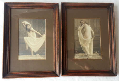 ANTIQUE 1916 PAIR OF RISQUE,  WOMAN PRINTS, ENTICEMENT AND IMPUDENCE SEPIA WITH LIGHT COLOURING