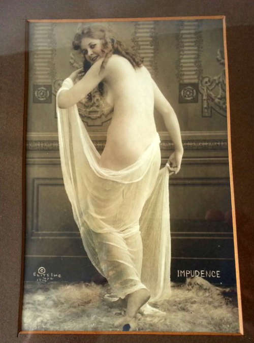 ANTIQUE 1916 PAIR OF RISQUE,  WOMAN PRINTS, ENTICEMENT AND IMPUDENCE SEPIA WITH LIGHT COLOURING