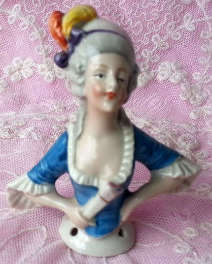 ANTIQUE  PORCELAIN, HALF DOLL VICTORIAN SOCIETY LADY FIGURINE