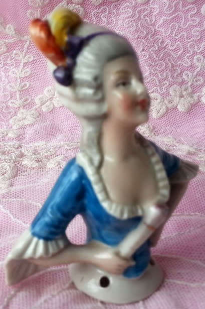 ANTIQUE  PORCELAIN, HALF DOLL VICTORIAN SOCIETY LADY FIGURINE