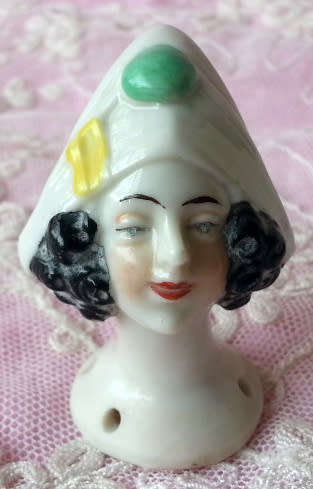 RARE ANTIQUE PORCELAIN COLOMBINE / LADY CLOWN  PIN CUSHION HALF DOLL