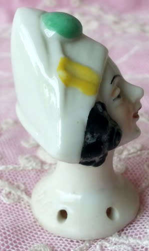 RARE ANTIQUE PORCELAIN COLOMBINE / LADY CLOWN  PIN CUSHION HALF DOLL