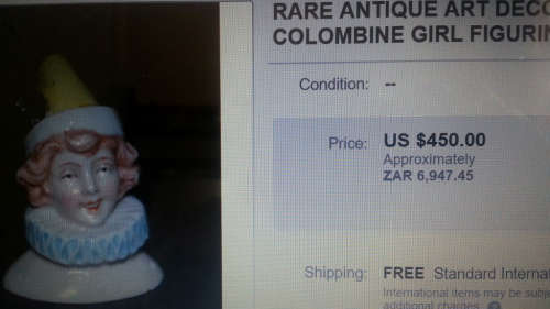 RARE ANTIQUE PORCELAIN COLOMBINE / LADY CLOWN  PIN CUSHION HALF DOLL