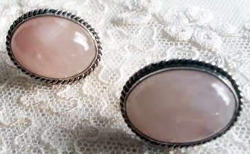 PRETTY PINK ROSE QUARTZ AND SILVER SCREW ON EARRINGS, MARKED SILVER.