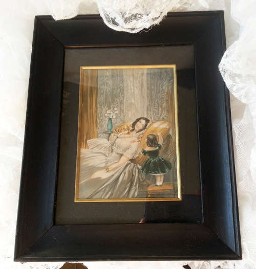 CHARMING ANTIQUE GEORGIAN WATER COLOUR PAINTING ON PAPER, MOTHER AND HER TWO DAUGHTERS.