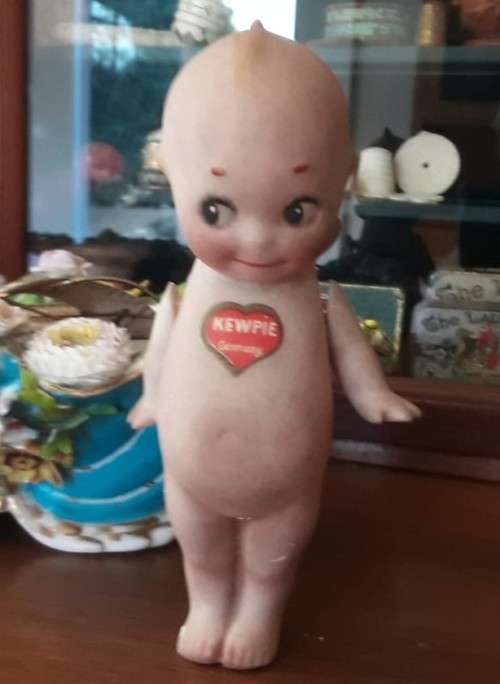 Antique Rose O`Neill Bisque / Porcelain , German Miniature 14cm Kewpie all Stamps and Stickers