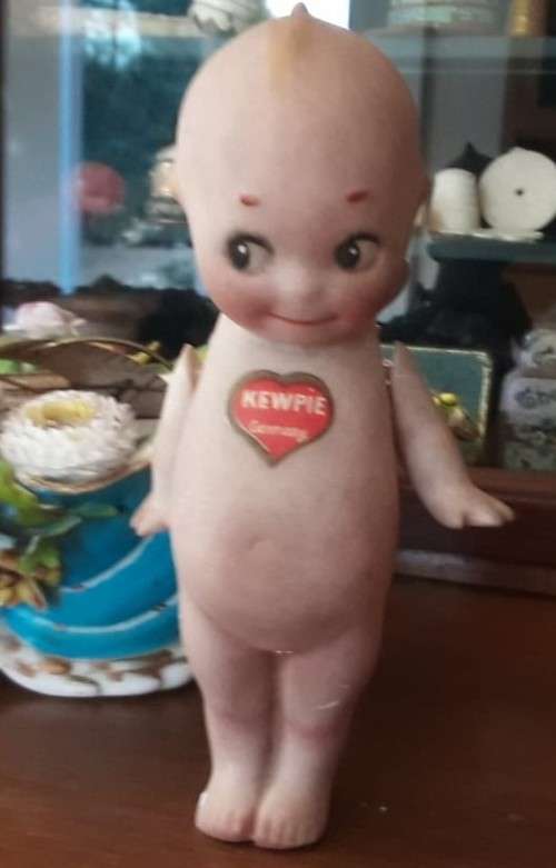 Antique Rose O`Neill Bisque / Porcelain , German Miniature 14cm Kewpie all Stamps and Stickers
