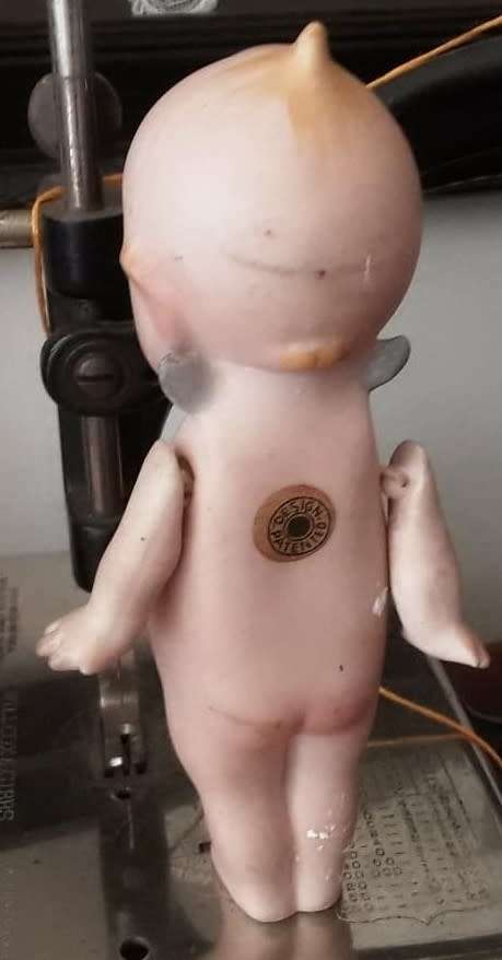 Antique Rose O`Neill Bisque / Porcelain , German Miniature 14cm Kewpie all Stamps and Stickers