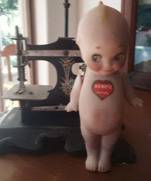 Antique Rose O`Neill Bisque / Porcelain , German Miniature 14cm Kewpie all Stamps and Stickers