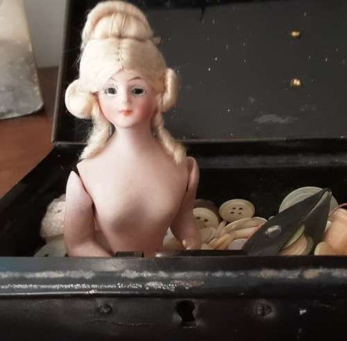Antique Pin Cushion Bisque half Doll with mohair wig
