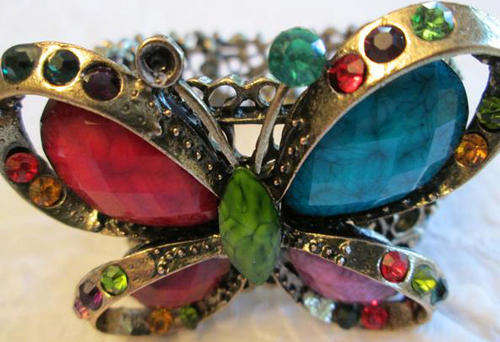 BLING BUTTERFLY BRACELET SET WITH COLOURED CRYSTALS, ANTIQUE LOOKING FILIGREE METAL WORK