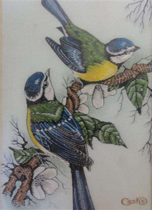 VINTAGE FRAMED BEHIND GLASS SILK EMBROIDERY OF BLAUMEISE - BLUE TIT