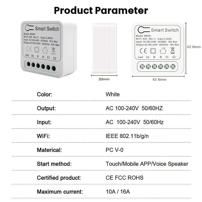 Smart Mini DIY Switch 2 Way Control Smart Home Automation Supports 10A/16A Tuya Smart Wifi Switch