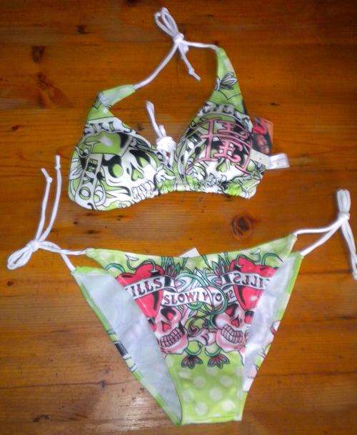 Cool green bikini with Ed Hardy design