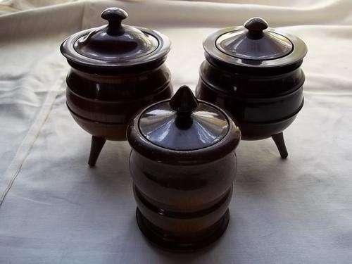 African pots x 3, wood