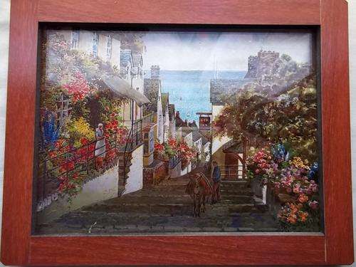 Wall hanging, City street with donkey and man, fibre type frame