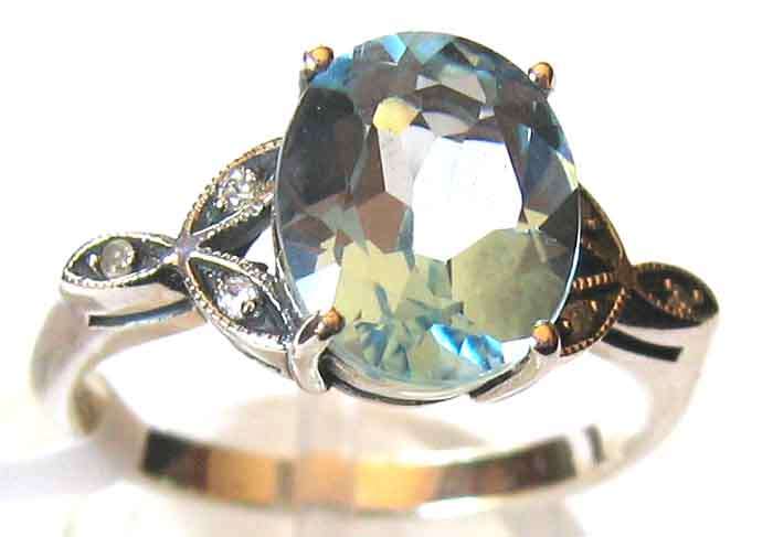 Genuine Sterling Silver, Blue Topaz   and Diamonds Ring.