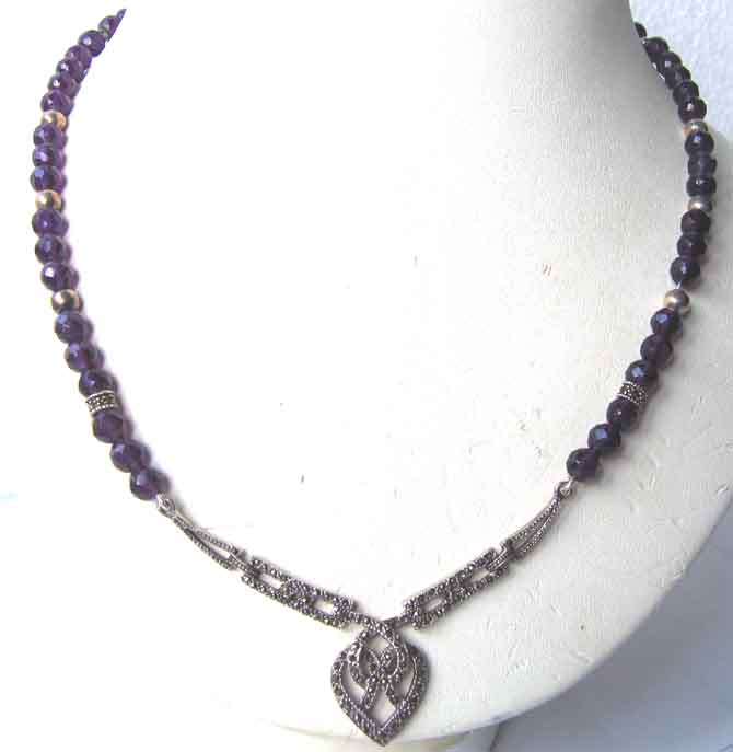 Lovely- 925 Sterling Silver , Marcasite and  Amethysts Necklace
